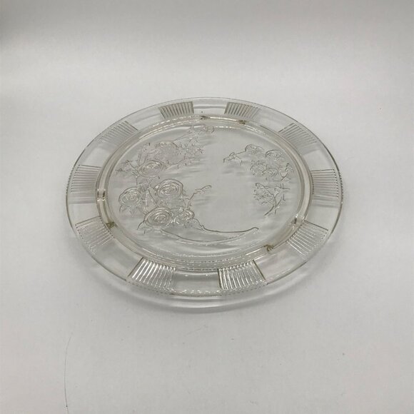 Federal Clear Glass Sharon Cabbage Open Rose Cake Plate, Floral Design & Ribbed - Picture 8 of 8